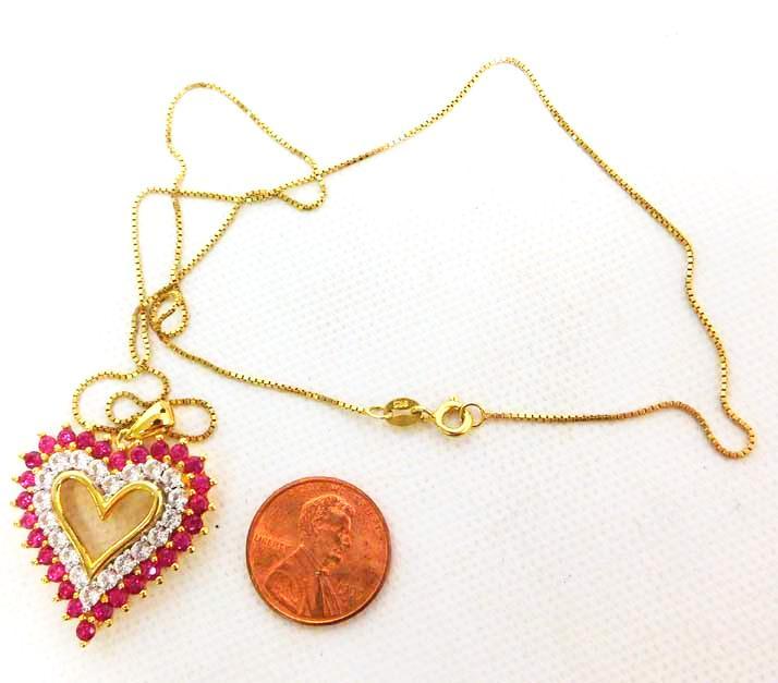 Ruby & White Sapphires Sterling Vermiel Heart Pendant and Chain