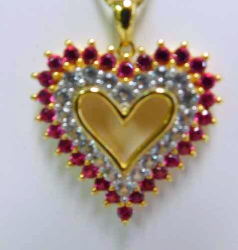 Ruby & White Sapphires Sterling Vermiel Heart Pendant and Chain