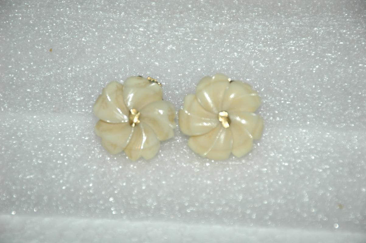 Carved Gold Nugget Bone Ivory Earrings Old Clip On's