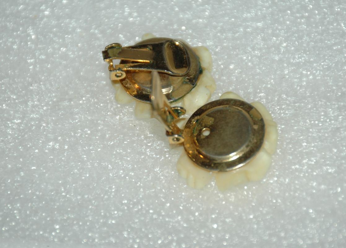 Carved Gold Nugget Bone Ivory Earrings Old Clip On's