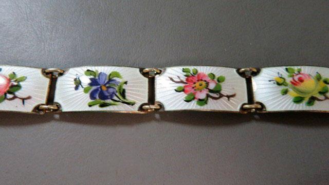 Finn Jensen Norway Sterling Silver Guilloche Enamel Multi Flowers Link Bracelet 8”