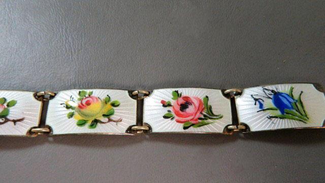 Finn Jensen Norway Sterling Silver Guilloche Enamel Multi Flowers Link Bracelet 8”