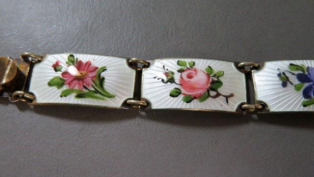 Finn Jensen Norway Sterling Silver Guilloche Enamel Multi Flowers Link Bracelet 8”