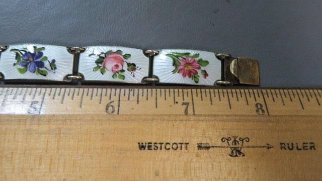 Finn Jensen Norway Sterling Silver Guilloche Enamel Multi Flowers Link Bracelet 8”
