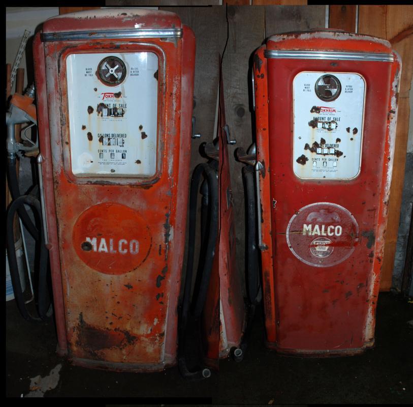 2 Malco Tokheim Gas Pumps, from New Mexico Vintage , Red