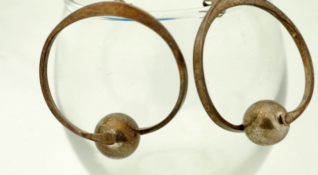 Mexico Sterling Modernist Hoop Ball Earrings-