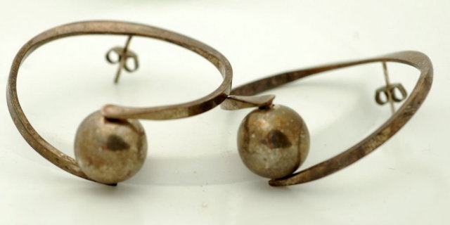 Mexico Sterling Modernist Hoop Ball Earrings-