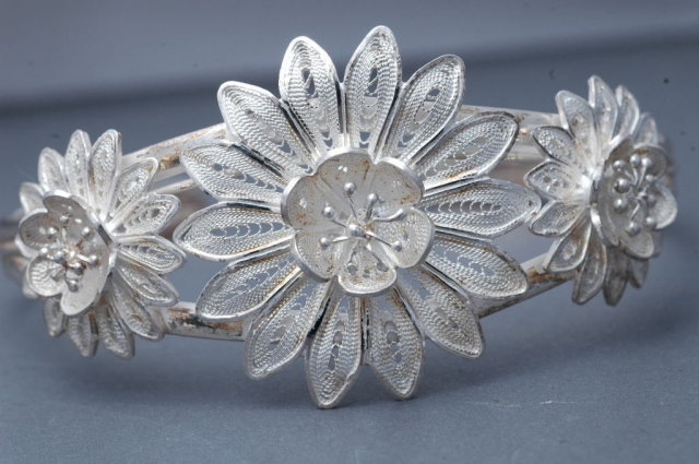 Sterling Silver Filigree Cuff Flower Bracelet