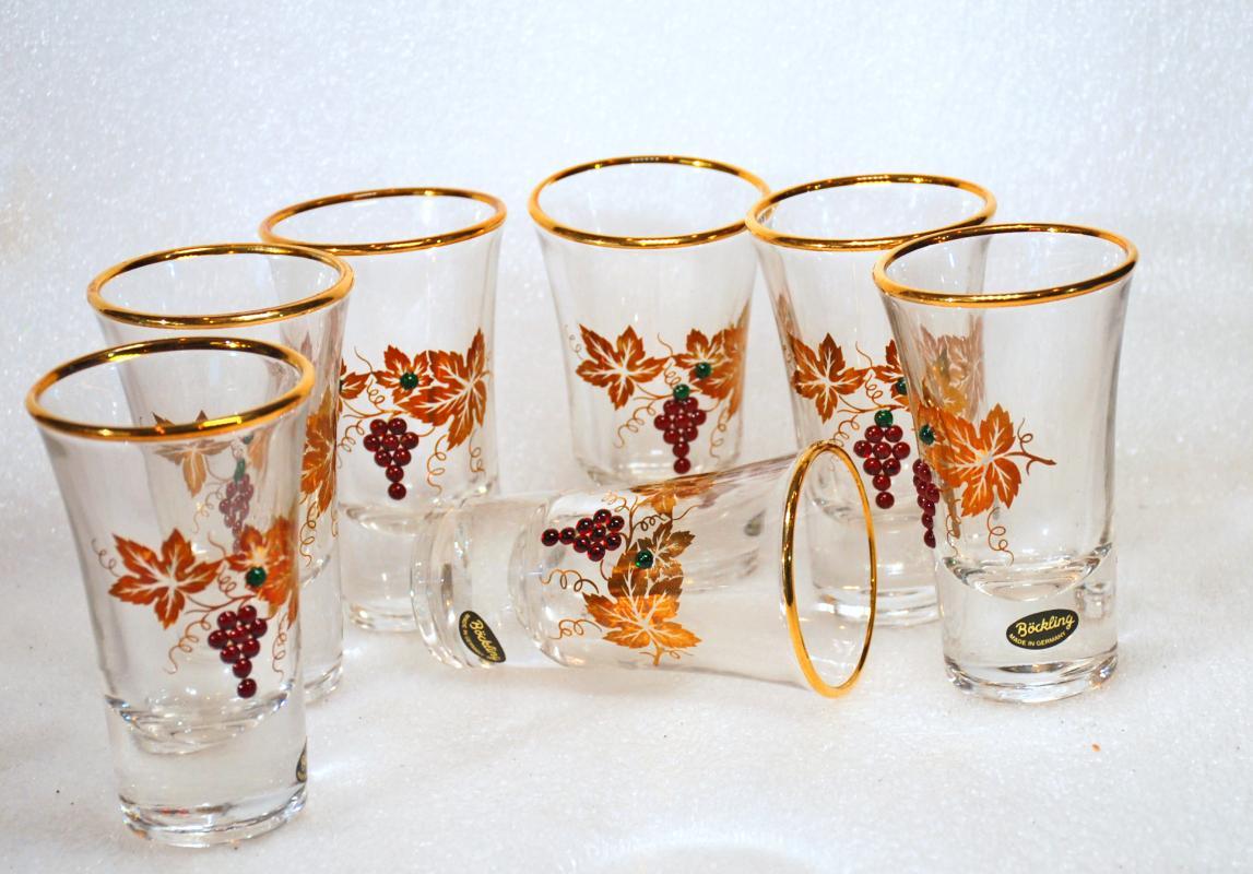 BOCKLING SHOT GLASS SET OF 7, GERMAN WITH SWAVROSKI CRYSTAL GRAPES & GOLD LEAF