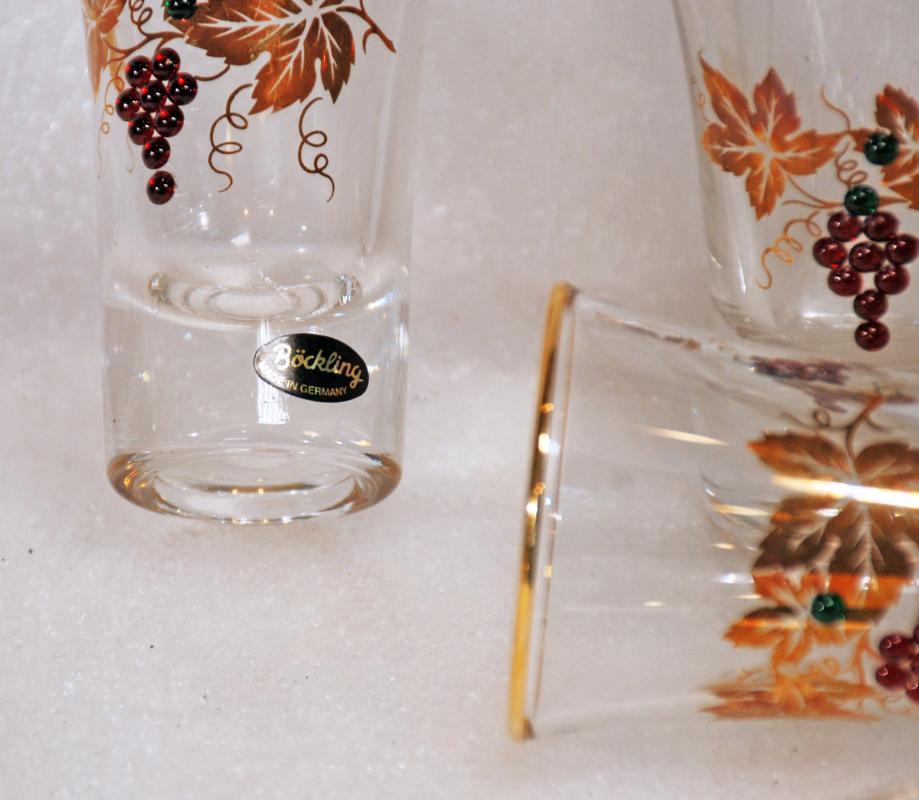 BOCKLING SHOT GLASS SET OF 7, GERMAN WITH SWAVROSKI CRYSTAL GRAPES & GOLD LEAF