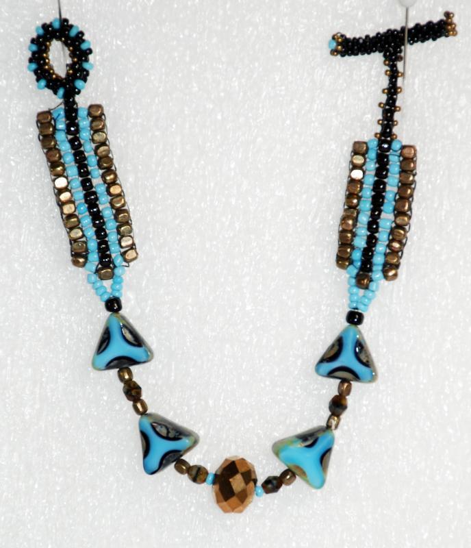 Sky Blue Woven Beaded Bracelet with Triangle Faceted Table Cut Triangle Beads and Faceted Bronze Bead / Hand Crafted one of a kind