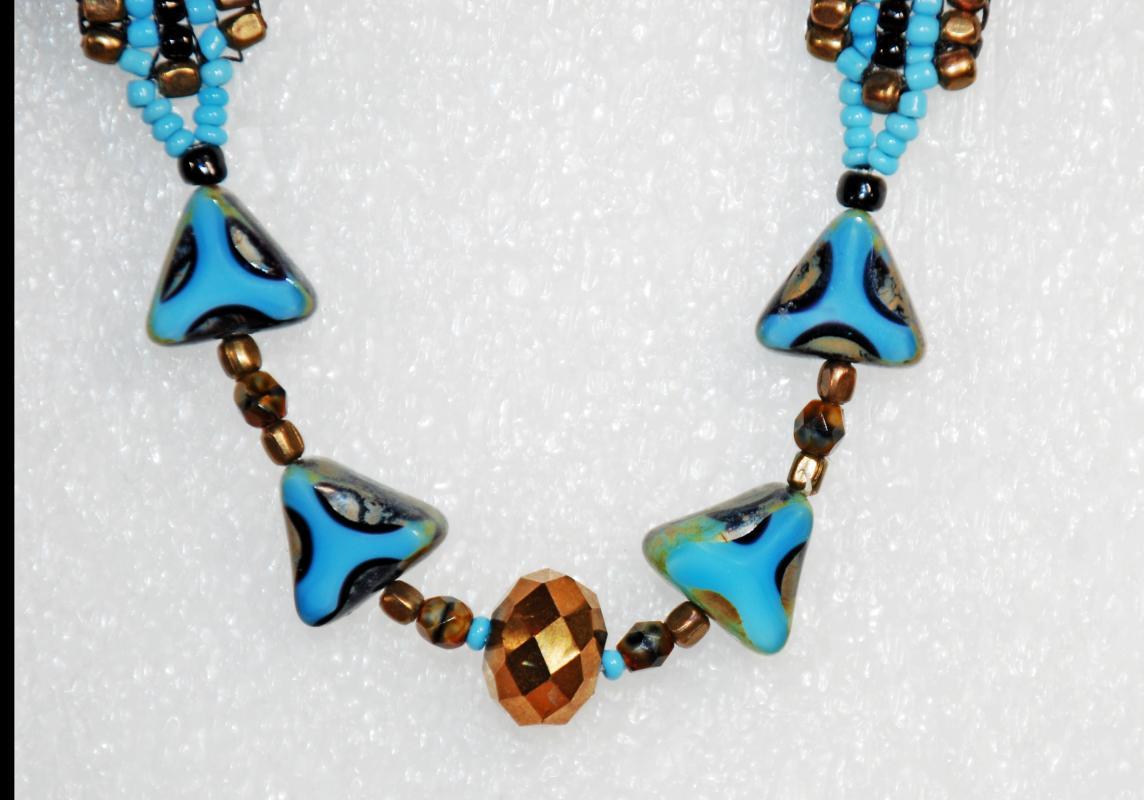 Sky Blue Woven Beaded Bracelet with Triangle Faceted Table Cut Triangle Beads and Faceted Bronze Bead / Hand Crafted one of a kind