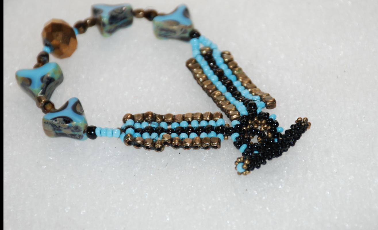 Sky Blue Woven Beaded Bracelet with Triangle Faceted Table Cut Triangle Beads and Faceted Bronze Bead / Hand Crafted one of a kind