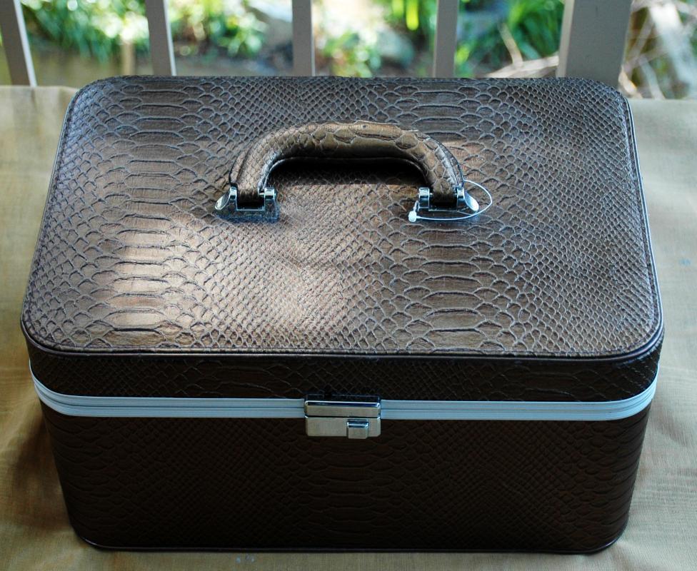 Cosmetic Train Case faux crocodile vinyl and lift out caddie