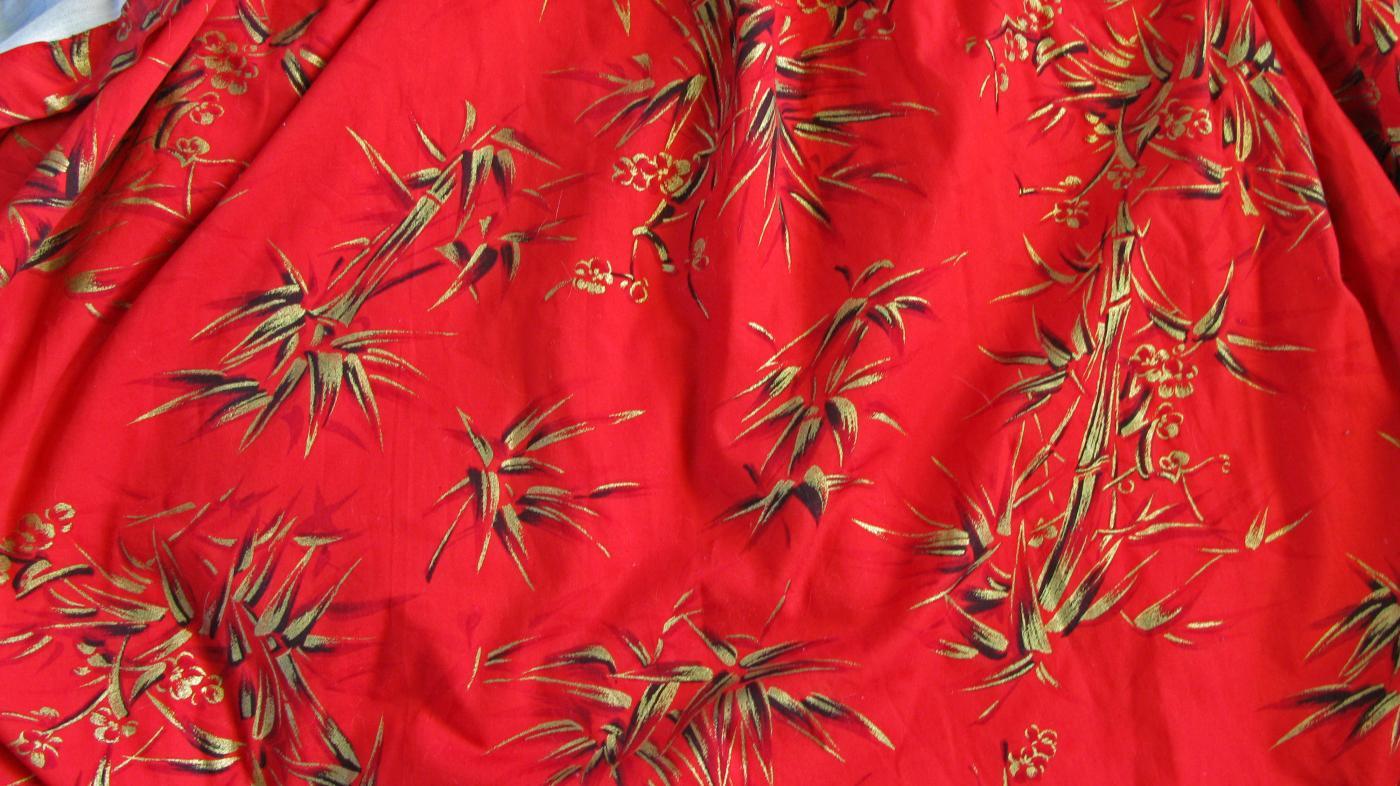 Asian inspired Gilded Bamboo Red Cotton Fabric Curtain Panel.