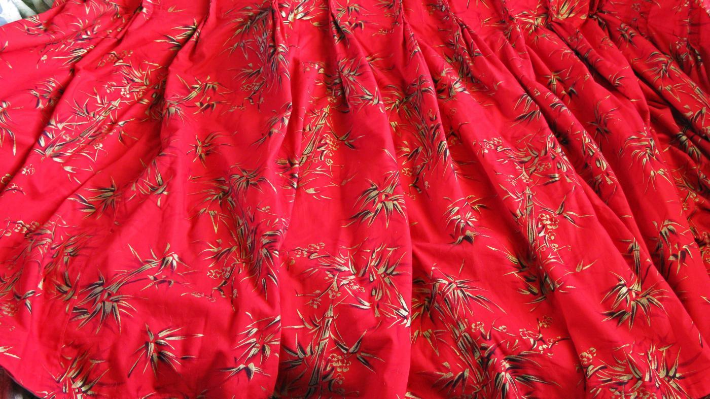 Asian inspired Gilded Bamboo Red Cotton Fabric Curtain Panel.