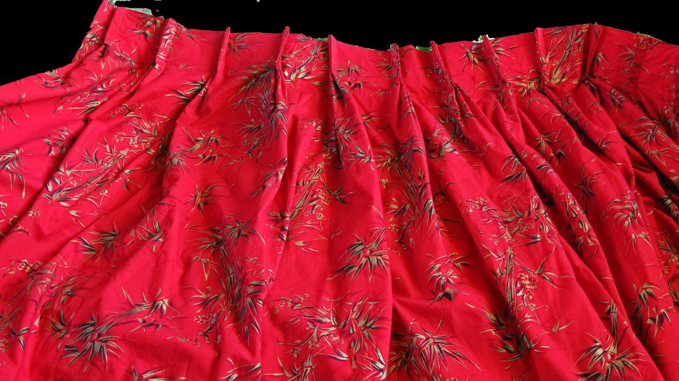 Asian inspired Gilded Bamboo Red Cotton Fabric Curtain Panel.