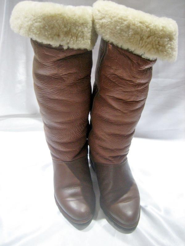 LA CANADIENNE BROWN TWO TONED LEATHER FLEECE LINED HIGH BOOTS SIZE 7.5