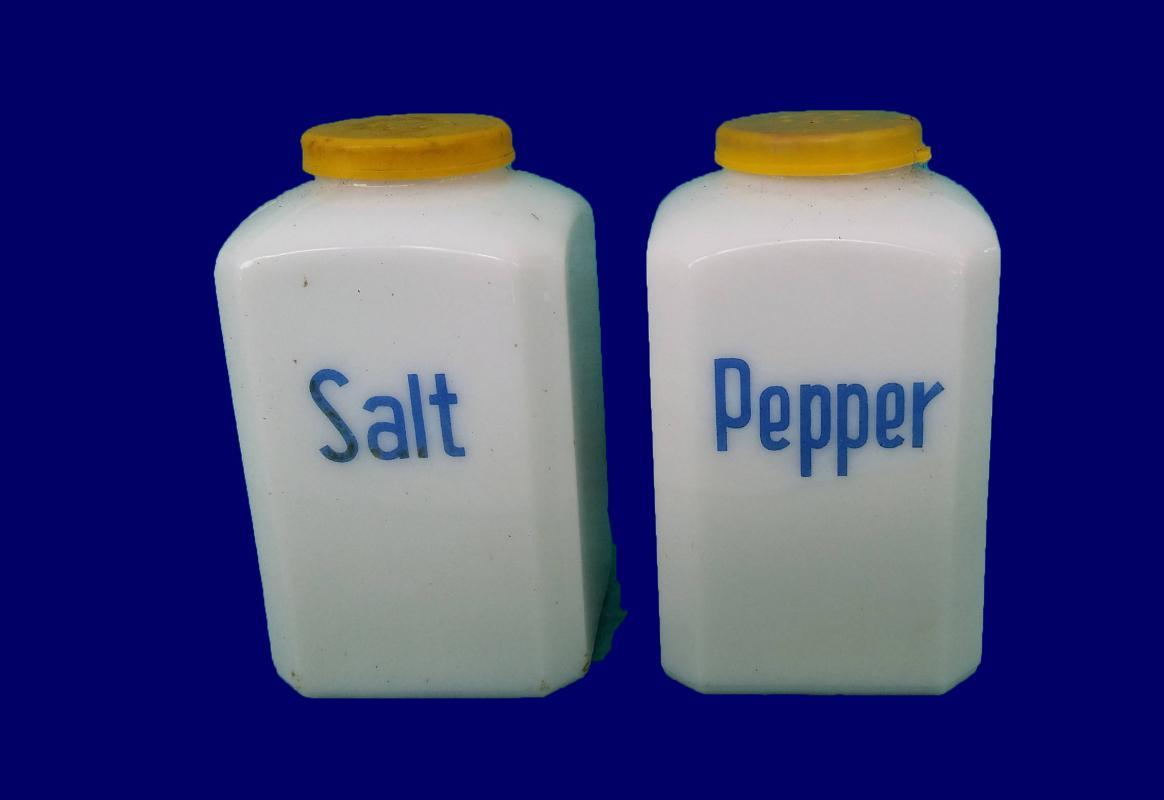 BLUE MAGIC WHITE MILK GLASS SALT & PEPPER SHAKERS YELLOW CAPS LUCE MFG Stove Top Milk glass