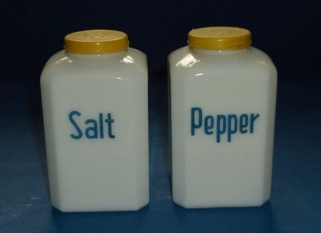 BLUE MAGIC WHITE MILK GLASS SALT & PEPPER SHAKERS YELLOW CAPS LUCE MFG Stove Top Milk glass
