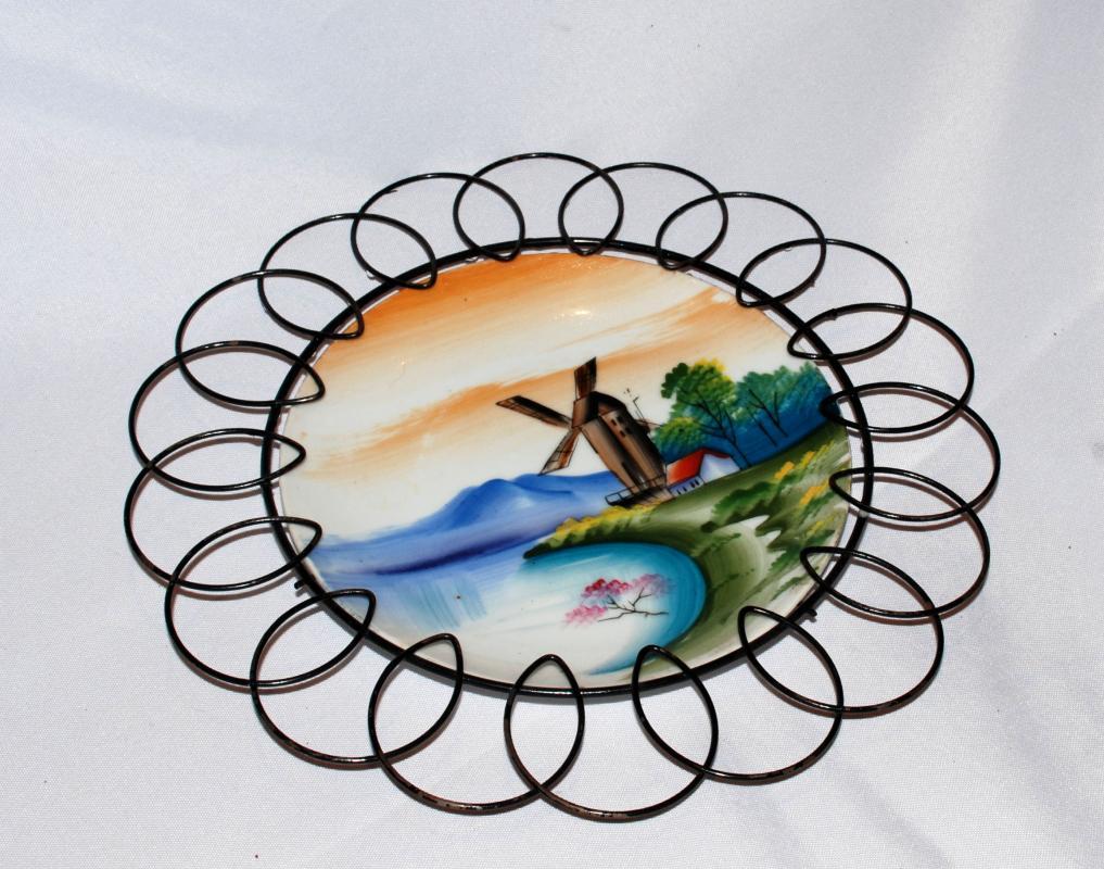 Hand Painted Porcelain Windmill Plate in Wire Frame, Japanese Export, Japan