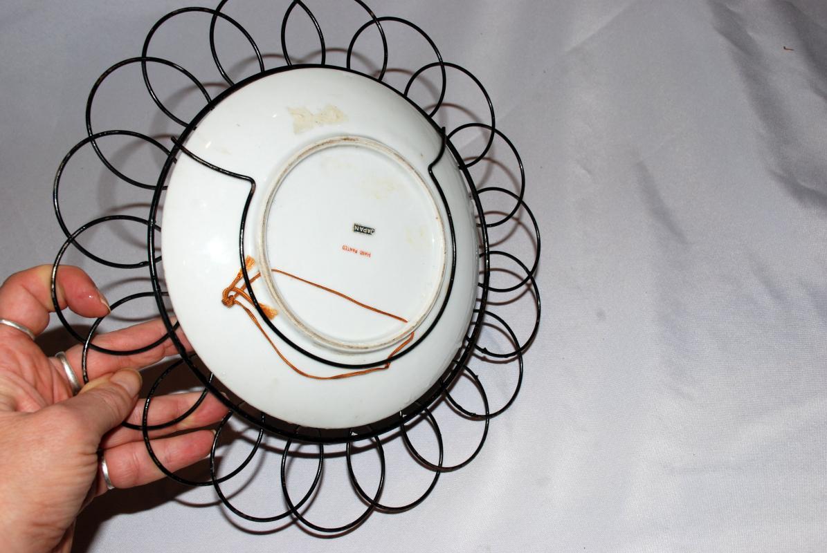 Hand Painted Porcelain Windmill Plate in Wire Frame, Japanese Export, Japan