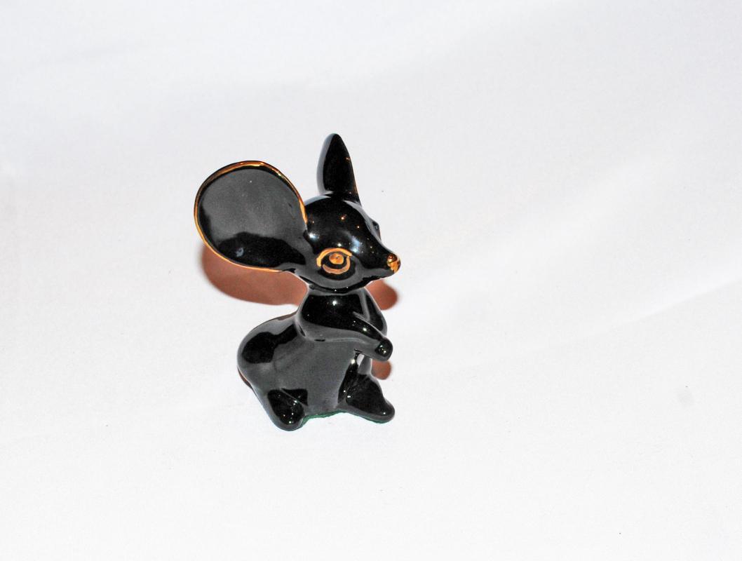 Vintage Big Ear Mouse Figurine, Black with Gold Trim