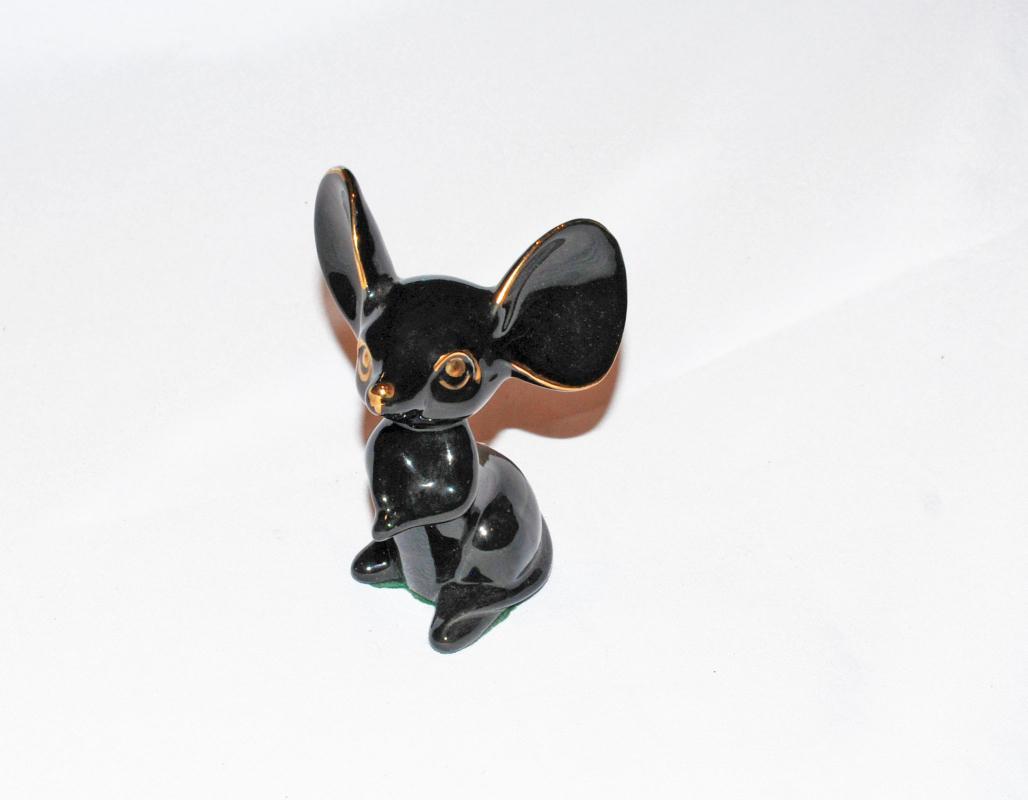 Vintage Big Ear Mouse Figurine, Black with Gold Trim