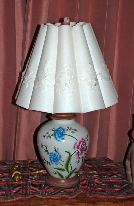 Asian Ginger Jar Peony Ceramic Lamp with Fancy Flower Shade & Porcelain Bird Finial.