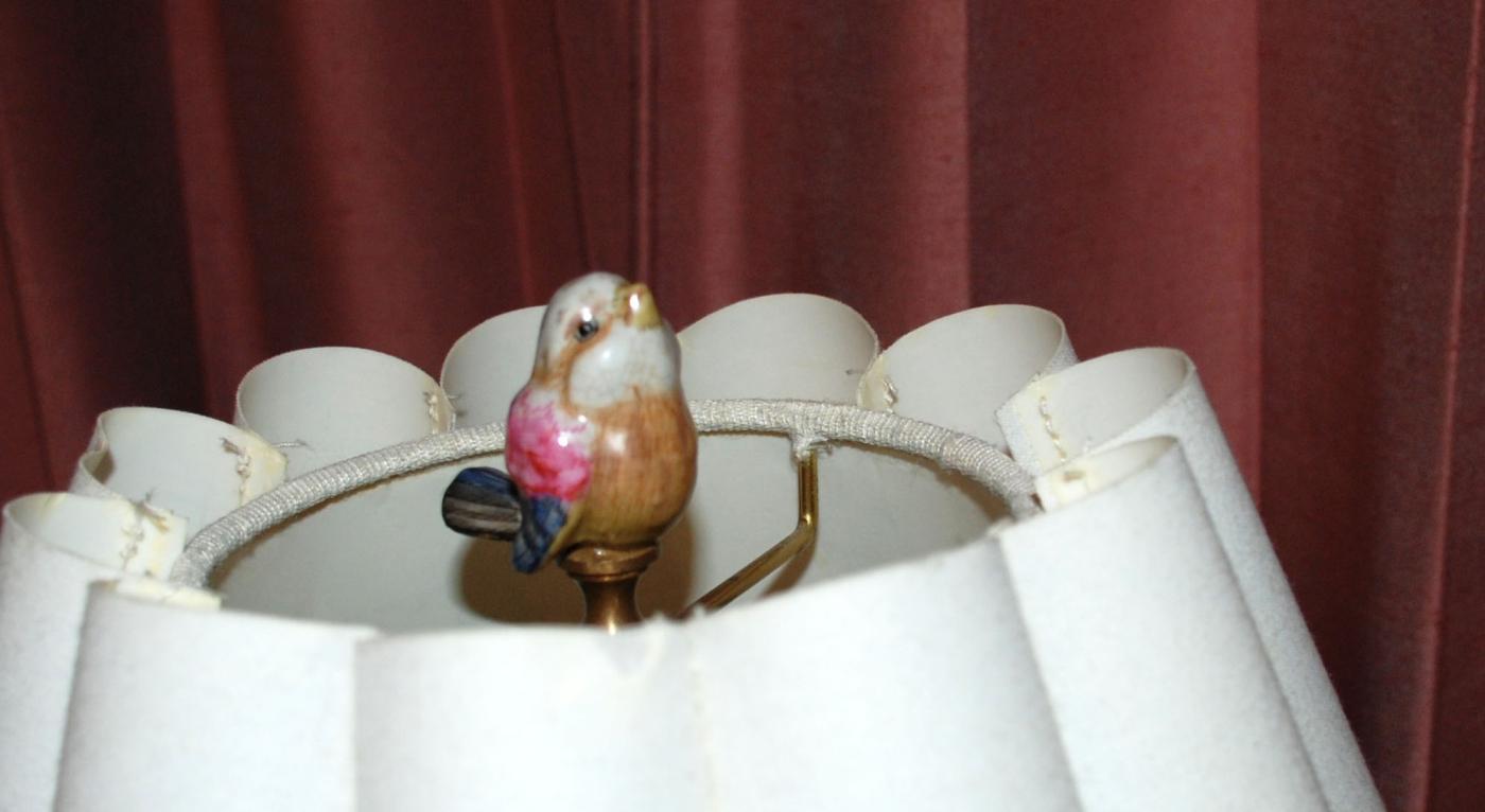 Asian Ginger Jar Peony Ceramic Lamp with Fancy Flower Shade & Porcelain Bird Finial.