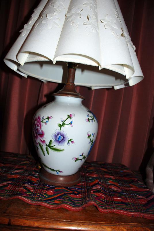 Asian Ginger Jar Peony Ceramic Lamp with Fancy Flower Shade & Porcelain Bird Finial.