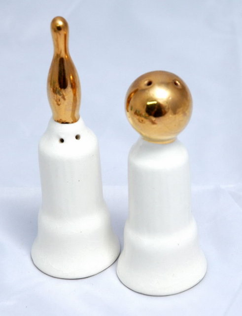 Gold Bowling Ball & Pin Trophies Salt & Pepper Shakers
