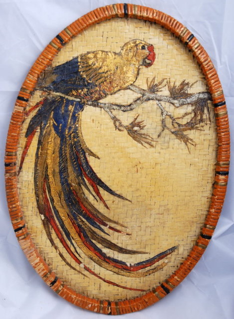 Old Painted Wicker Tray with Colorful Parrot