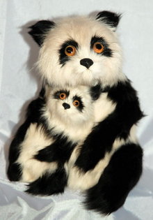 Mother Panda Bear with Baby of rabbit fur & Glass eyes