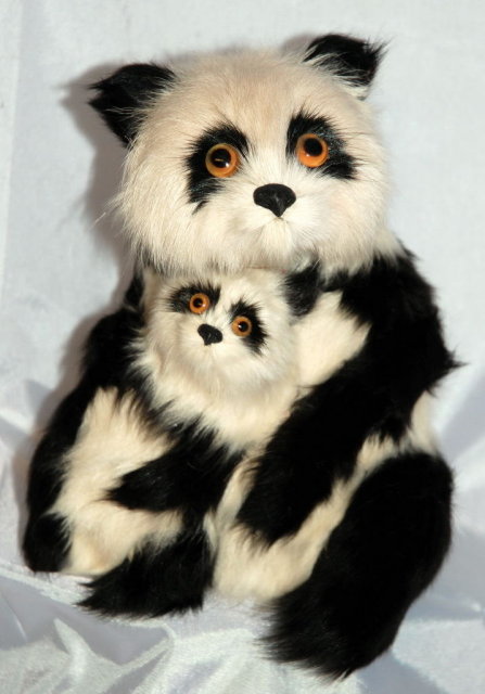 Mother Panda Bear with Baby of rabbit fur & Glass eyes