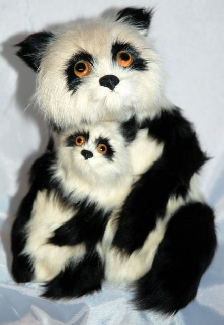 Mother Panda Bear with Baby of rabbit fur & Glass eyes