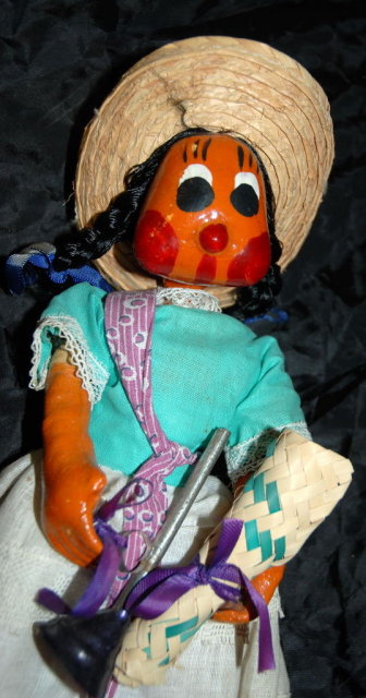 Old Mexican Folk Art Papier Mache Doll girl with horn
