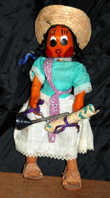 Old Mexican Folk Art Papier Mache Doll girl with horn