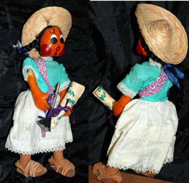 Old Mexican Folk Art Papier Mache Doll girl with horn