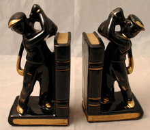 Golfer Bookends Black Gold Japan Redware
