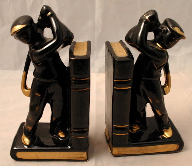 Golfer Bookends Black Gold Japan Redware