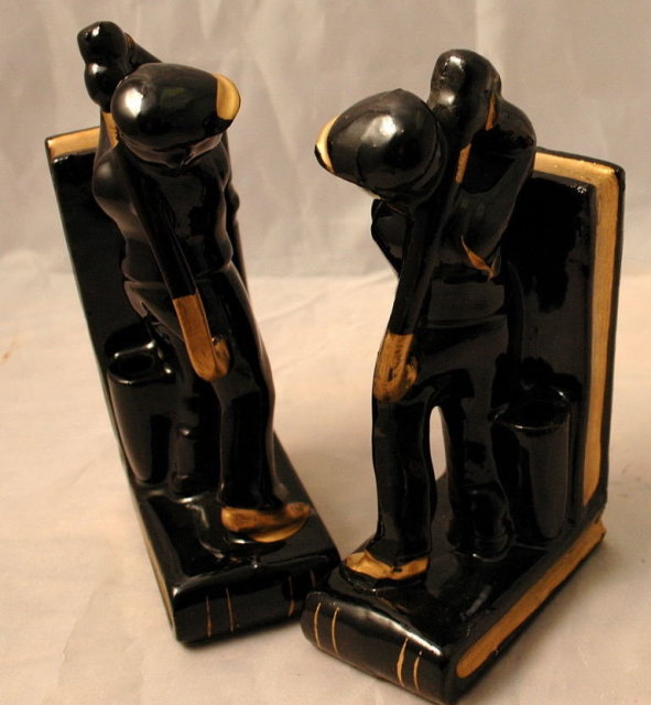 Golfer Bookends Black Gold Japan Redware