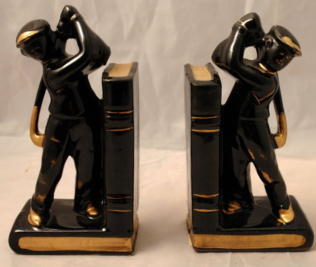 Golfer Bookends Black Gold Japan Redware