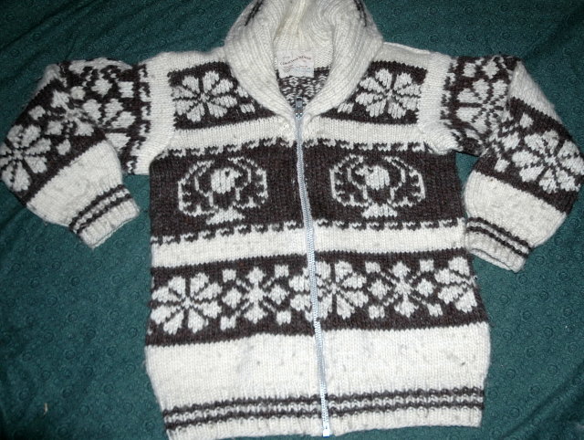 Genuine Canadian Cowichan Indian Sweater 100% Hand Spun Wool with Registration number
