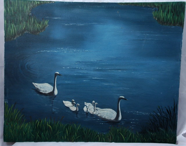 Swan Oil Painting on LARGE Canvas Signed V. Ellingsworth