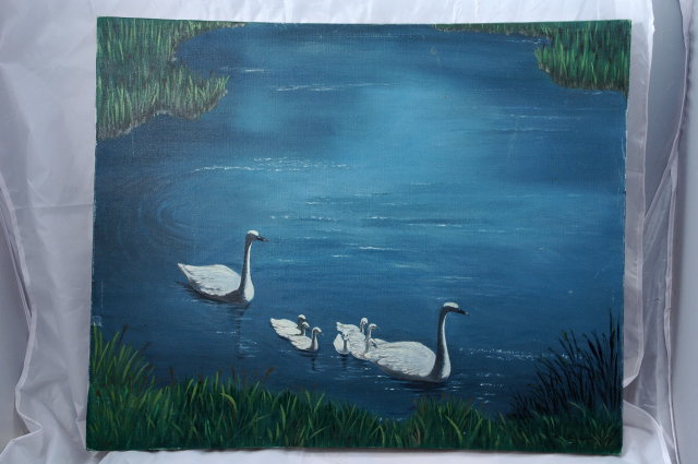 Swan Oil Painting on LARGE Canvas Signed V. Ellingsworth