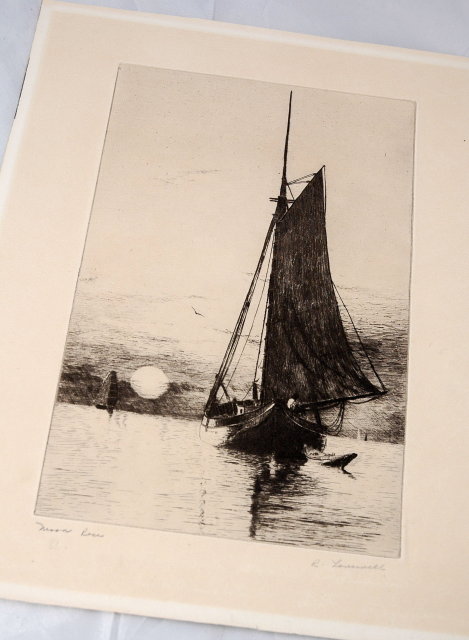 Black White Steel Engraving Moon Rise , signed