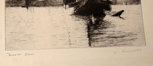 Black White Steel Engraving Moon Rise , signed