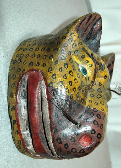 Guatemala Mask Smiley Jaguar with glass eyes horse hair
