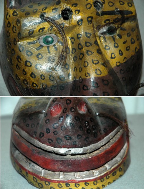 Guatemala Mask Smiley Jaguar with glass eyes horse hair
